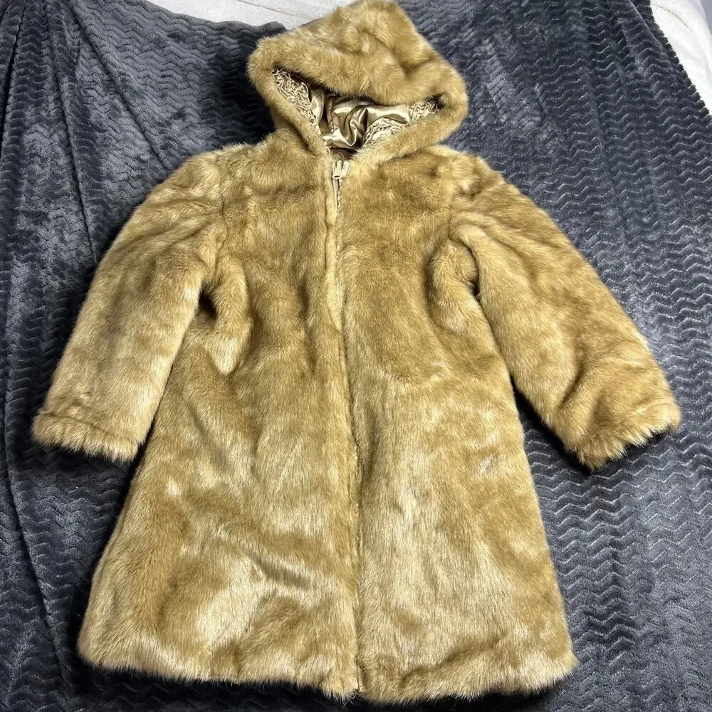 The Childrens Place Girls Gold satin tan Faux Fur reversible Jacket Size 7/8